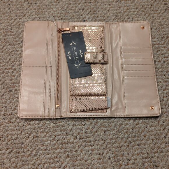 Nanette Lepore PVC Fold Phone Lip Stick Wallet Clutch Rose Gold RFID Lined - Picture 4 of 10